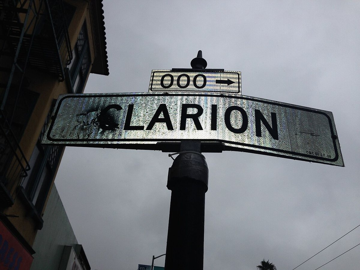 The Clarion Alley street sign marking the mural-lined block in San Francisco's Mission District