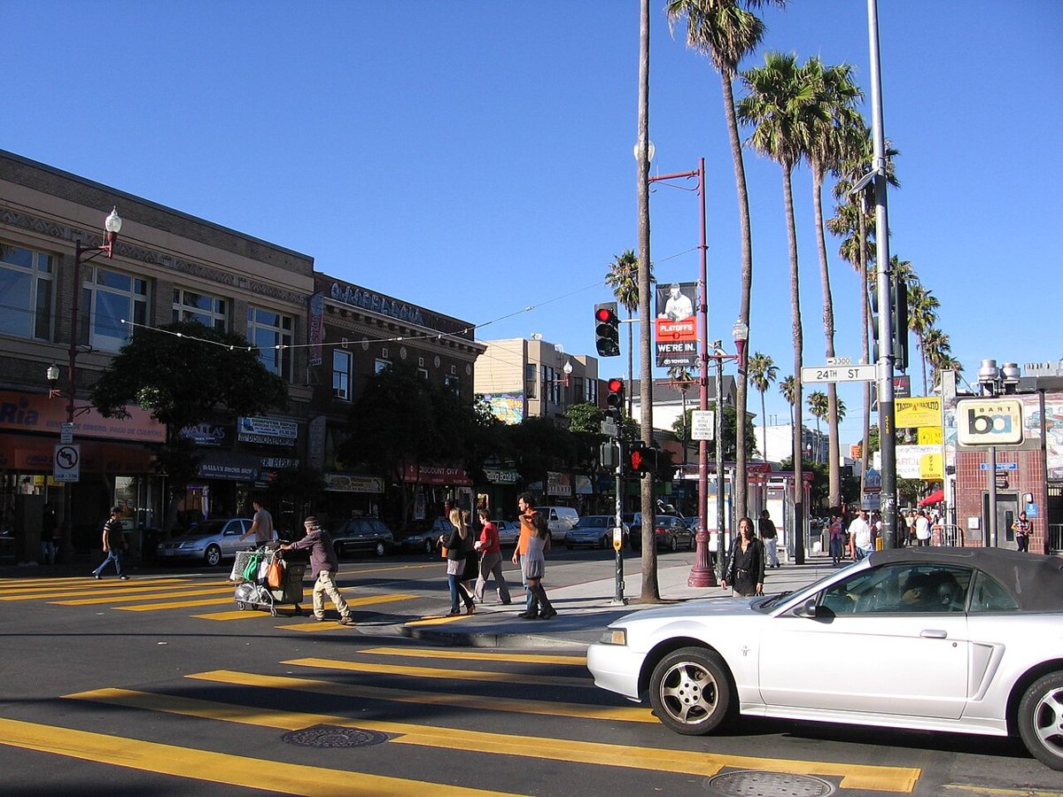Storefronts and pedestrians along the 24th Street commercial corridor in San Francisco's Mission District