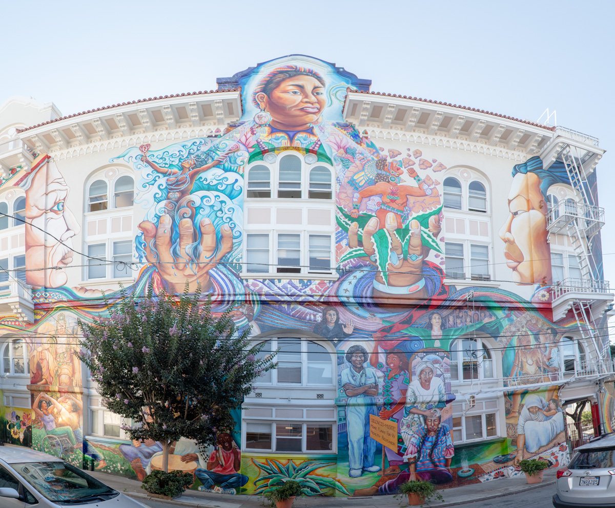 The MaestraPeace mural covering the exterior of the Women's Building on 18th Street in San Francisco