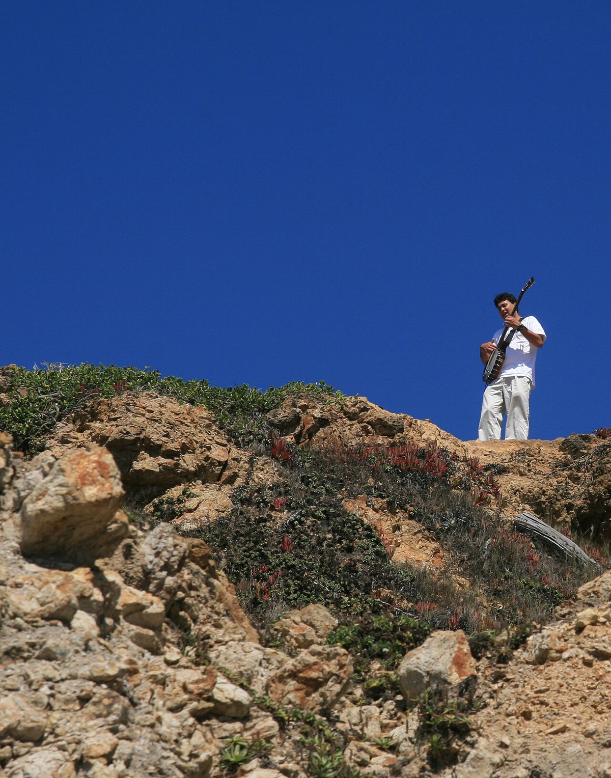 A hiker on the coastal bluffs of the Lands End trail in San Francisco