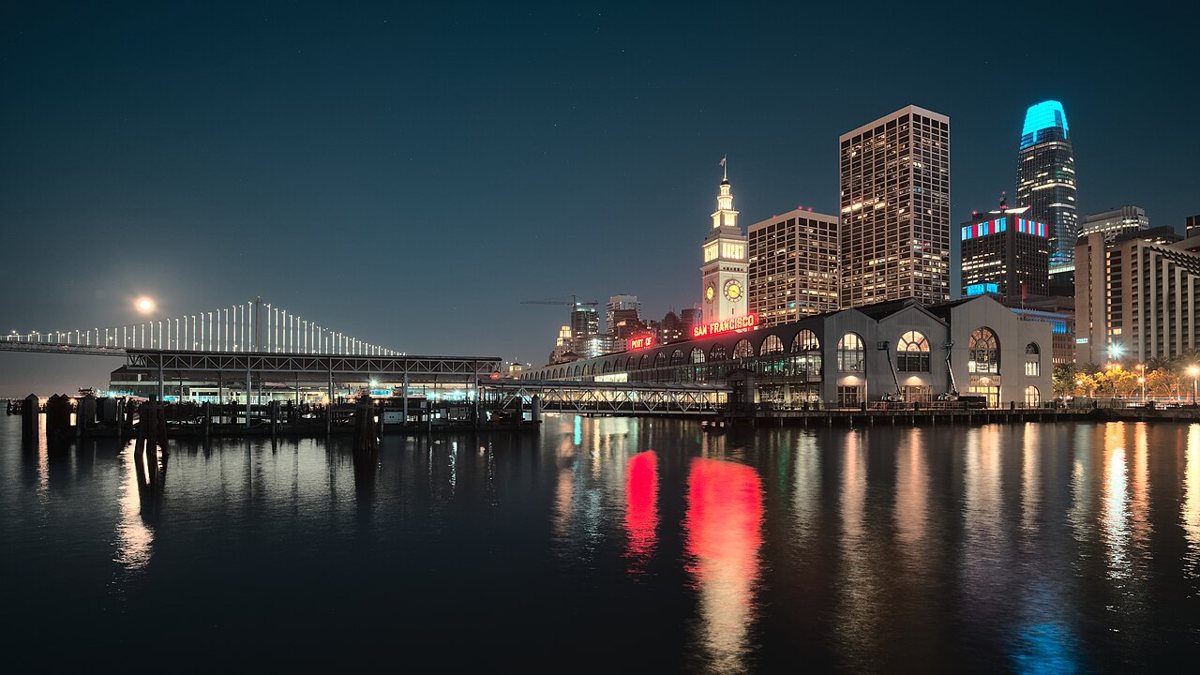 the Ferry Building clock tower and waterfront marketplace in San Francisco