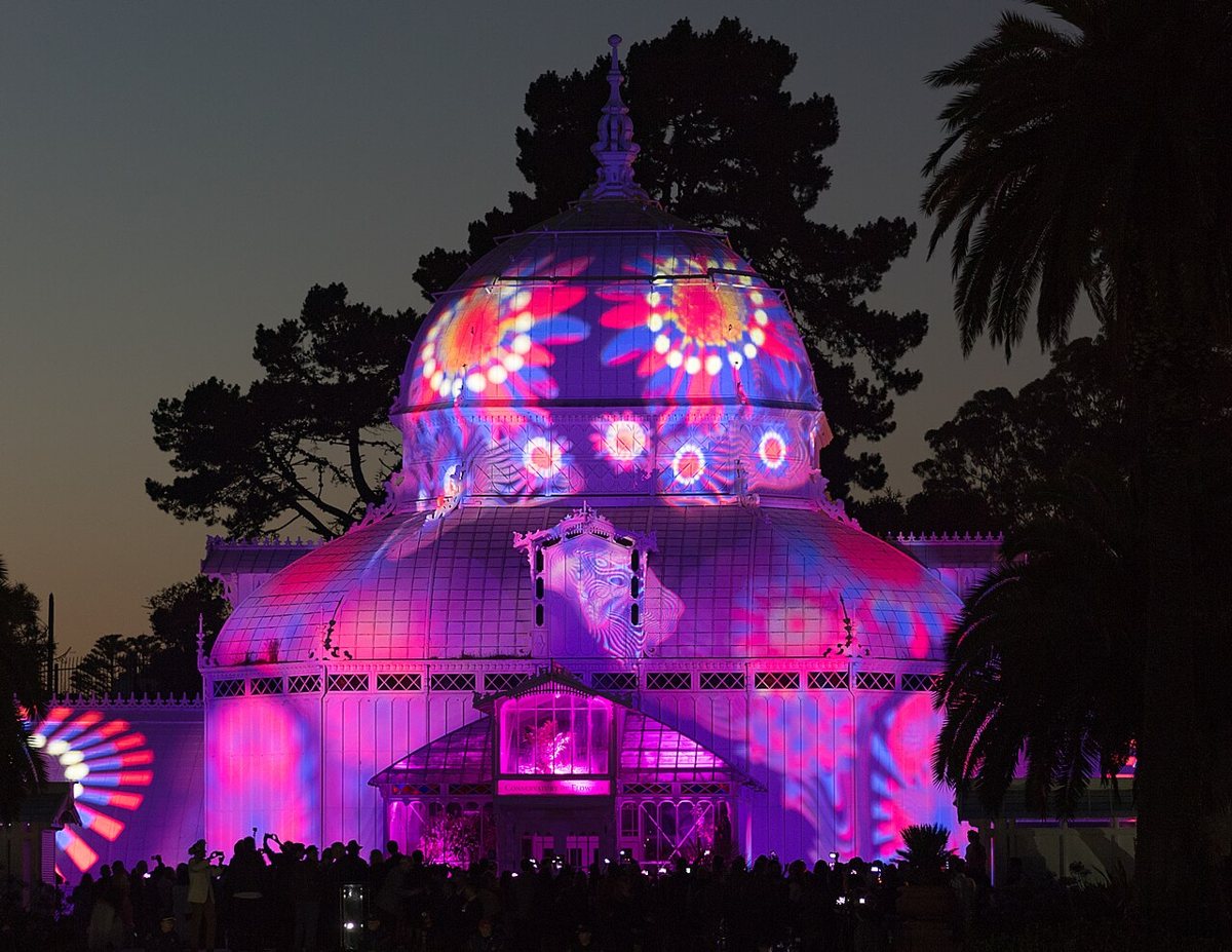 the white Victorian Conservatory of Flowers in Golden Gate Park