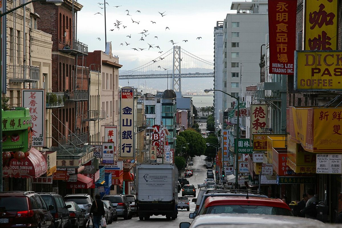Chinatown San Francisco with lanterns strung above Grant Avenue