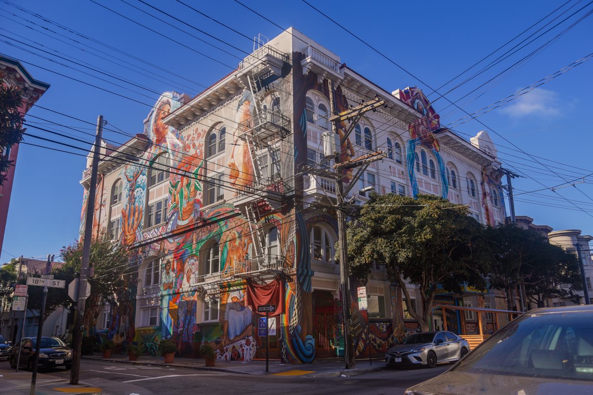The Maestrapeace mural covering the facade of the Women's Building