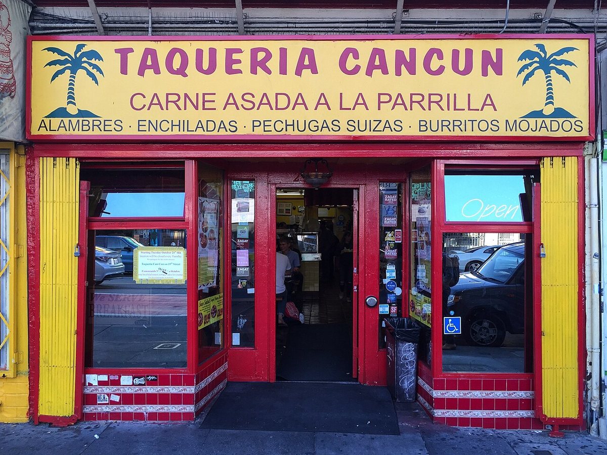 The counter and menu board of a classic Mission District taqueria